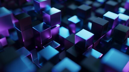 Fototapete - Abstract background wallpaper, with blue and purple cubes in the foreground. cube art, black geometric shapes, top down perspective.