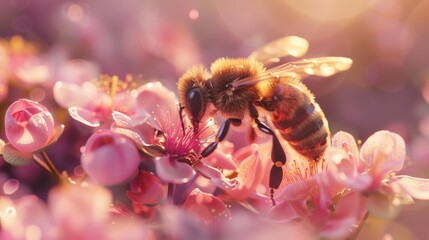 Sticker - Honeybee Collecting Nectar on Pink Flower