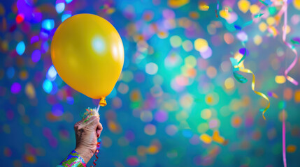 A photograph of a person celebrating, wearing a party hat, holding a floating yellow balloon, illuminated by vibrant blue and green lighting