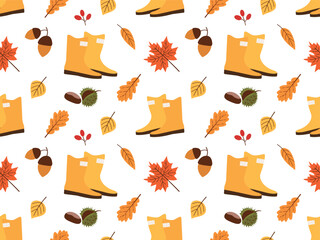 Wall Mural - Autumn seamless pattern with rubber boots and falling leaves. Vector of chestnuts, acorns, berries