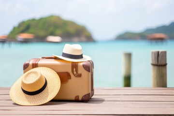 Sticker - Suitcase and straw hats on a tropical pier