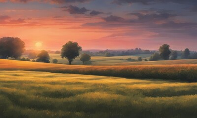 Wall Mural - Beautiful sunset over meadow with trees.digital illustration