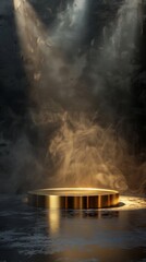 Wall Mural - Golden Podium with Smoke on Abstract Dark Background. Illuminated Platform with Spotlight, Exuding Nobility and Elegance. AI-Generated 4K High-Resolution Wallpaper for Award Ceremony.