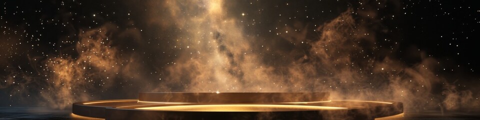 Wall Mural - Golden Podium with Smoke on Abstract Dark Background. Illuminated Platform with Spotlight, Exuding Nobility and Elegance. AI-Generated 4K High-Resolution Wallpaper for Award Ceremony.