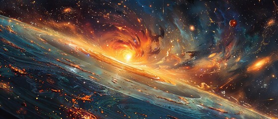 a stunning cosmic scene featuring a vibrant galaxy with swirling colors and stars, accompanied by fl