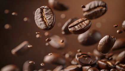 Wall Mural - Roasted coffee beans falling on heap against brown background, closeup