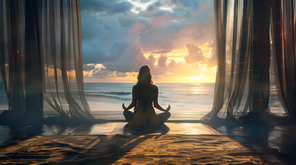 Wall Mural - beautiful meditation woman in beach meditation studio