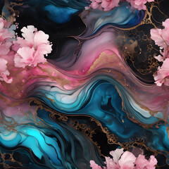 Wall Mural - Marble abstract background with pink and blue flowers. Liquid marble pattern.