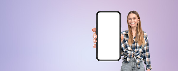 Poster - Woman showing large smartphone mockup display, empty background
