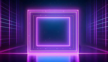 Wall Mural - 3D render, abstract geometric background bright purple neon frame with a square center dominates a dark and mysterious background  mysterious square outlined in neon purple light sits in a dark room