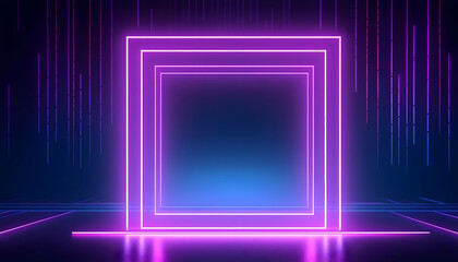 Wall Mural - 3D render, abstract geometric background bright purple neon frame with a square center dominates a dark and mysterious background  mysterious square outlined in neon purple light sits in a dark room