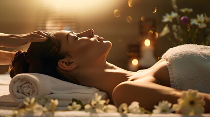 Poster - Girl having massage and enjoying aroma therapy in spa