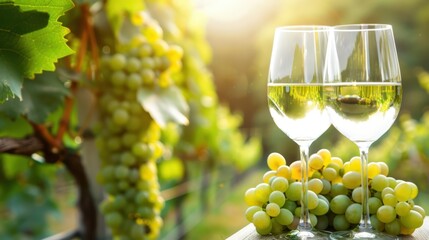 Two glasses of white wine with green grapes in a sunlit vineyard. Ideal for vineyard, wine, and natural themes.