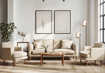 Wall Mural - Photo mockup of a living room with a white wall and a black framed poster on the wall, a beige colored sofa, a coffee table, two armchairs, a plant, a lamp on the right side of the picture, natural li