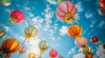 Wall Mural - Colorful paper lanterns in the Mid-Autumn festival, bright sky background, lanterns of various shapes and sizes hanging in the air, festive and happy atmosphere