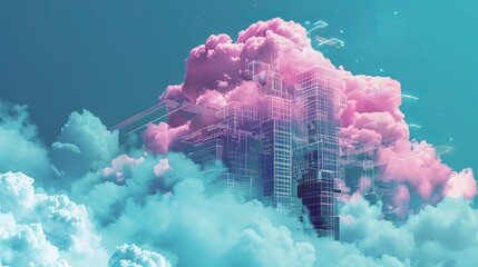 Wall Mural - Modern cloud computing illustration: high-tech digital network and data storage concept with abstract cloud symbols, server racks, and network connections on futuristic background for technology and i