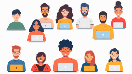 People avatars with computers, representing male and female users. Vector illustration for profile themes.