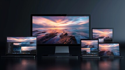 Canvas Print - Apple Devices Displaying a Picturesque Sunset Over the Ocean