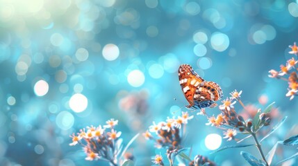 Sticker - Butterfly on a Flower in a Blue Bokeh Background