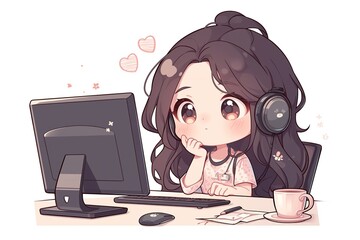 cute anime chibi cartoon girl looking at the computer monitor on the table, on a white background