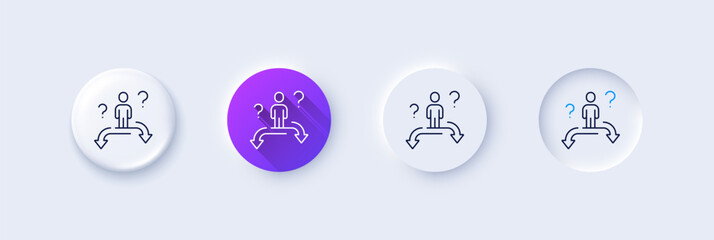 Poster - Business choice line icon. Neumorphic, Purple gradient, 3d pin buttons. Person solution sign. Question mark symbol. Line icons. Neumorphic buttons with outline signs. Vector