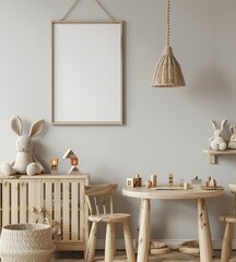 Wall Mural - A minimalist Scandinavian style playroom with a blank wall for mockup, wooden toys and furniture around the table, light grey walls, rabbit decoration on top of the cabinet, soft lighting, natural col