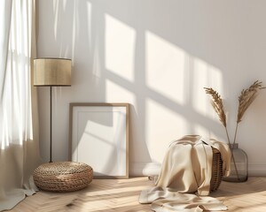 Wall Mural - Photo of a modern interior design, with a white wall and a poster frame mockup leaning against the wall on the floor, a lamp and a blanket stool nearby, beige curtains on one side, wooden parquet floo