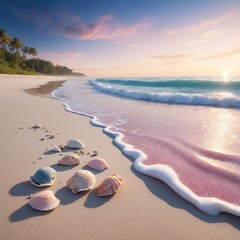 Wall Mural - A serene beach at sunrise with soft waves gently crashing against the shore with seashells and palm trees swaying in the breeze, and a lone surfer riding a wave in the distance.