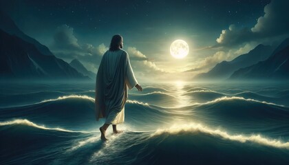 Wall Mural - Jesus Christ walks on the water at night by the light of the moon