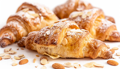 classic almond croissants, featuring golden, flaky layers filled with a sweet almond paste and topped with sliced almonds and powdered sugar, set against a clean white background