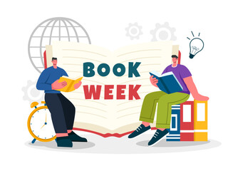 Wall Mural - Book Week Events Vector Illustration with People Reading or Students Studying Textbooks in a Flat Style Cartoon Background