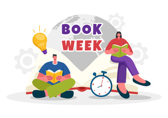 Wall Mural - Book Week Events Vector Illustration with People Reading or Students Studying Textbooks in a Flat Style Cartoon Background