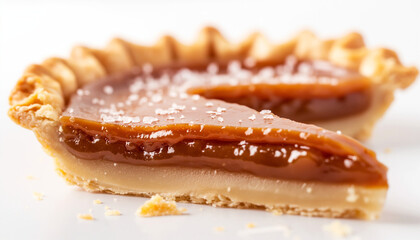 classic caramel tart, featuring a golden, flaky pastry crust filled with a smooth, rich caramel filling and topped with a sprinkle of sea salt, set against a clean white background