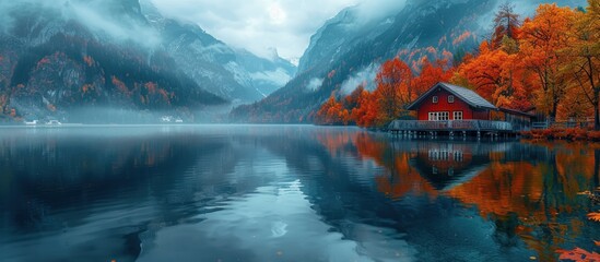 Wall Mural - Red Cabin on a Serene Mountain Lake in Autumn