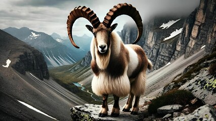 Wall Mural - AI generated illustration of a majestic mountain goat with impressive spiral horns