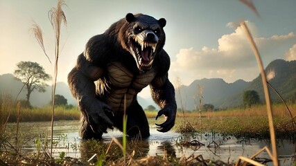 Wall Mural - ai generated illustration of a menacing bear-like creature with exaggerated muscles and sharp teeth