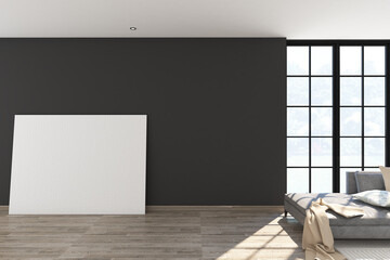 Wall Mural - 3d render of minimal interior design living room side the window with frame mockup. Light oak parquet floor, dark gray wall finish and white ceiling. Set 9