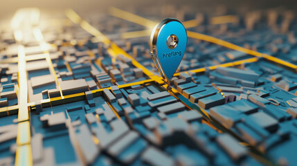 Hreflang attribute as location icon on a blue map background. Specifies language and geographical region of a webpage. Concept of International or local SEO, website localization, and web development