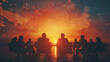 © AnniePatt - Silhouette of business team meeting, sitting at round table in office with world map background.