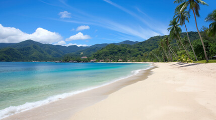 Wall Mural - Stunning tropical beach featuring clear blue water, white sandy shores, and tall palm trees, with lush green mountains in the background