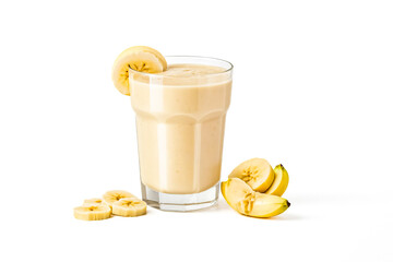 Canvas Print - Banana Smoothie in Glass with Slices on White Background