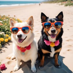 Two happy dogs wearing fashionable sunglasses on a sunny beach with blooming flowers