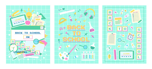 Poster - Set of back to school posters with school supplies in the y2k style. Vector template for banner, post, postcard