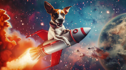 Wall Mural - funny dog sitting on rocket flying, 