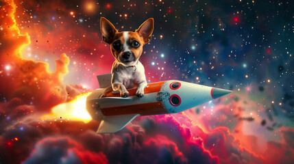 Wall Mural - funny dog sitting on rocket flying, 