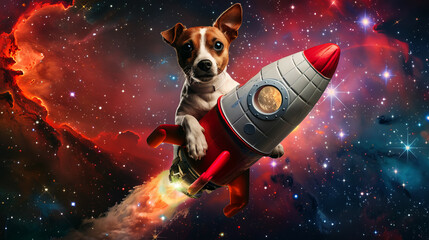 Wall Mural - funny dog sitting on rocket flying, 