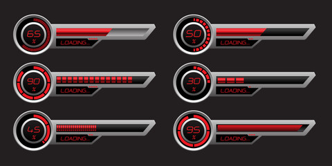 Wall Mural - Set of HUD modern loading progress bars user interface elements design technology cyber red grey metallic futuristic vector