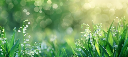 Wall Mural - lily of the valley, white flowers in a green grass meadow, spring nature background