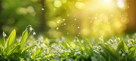 Wall Mural - lily of the valley, white flowers in a green grass meadow, spring nature background