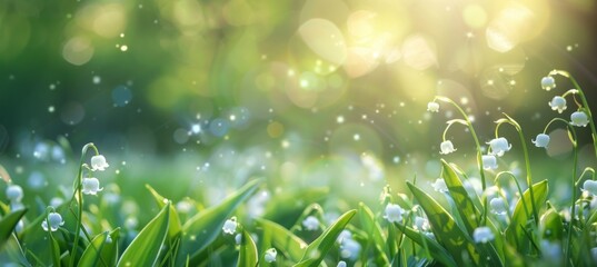 Wall Mural - lily of the valley, white flowers in a green grass meadow, spring nature background